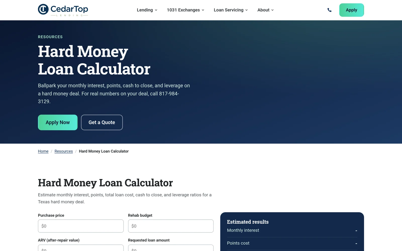 A loan calculator with fields for the deal on the left and results on the right.
