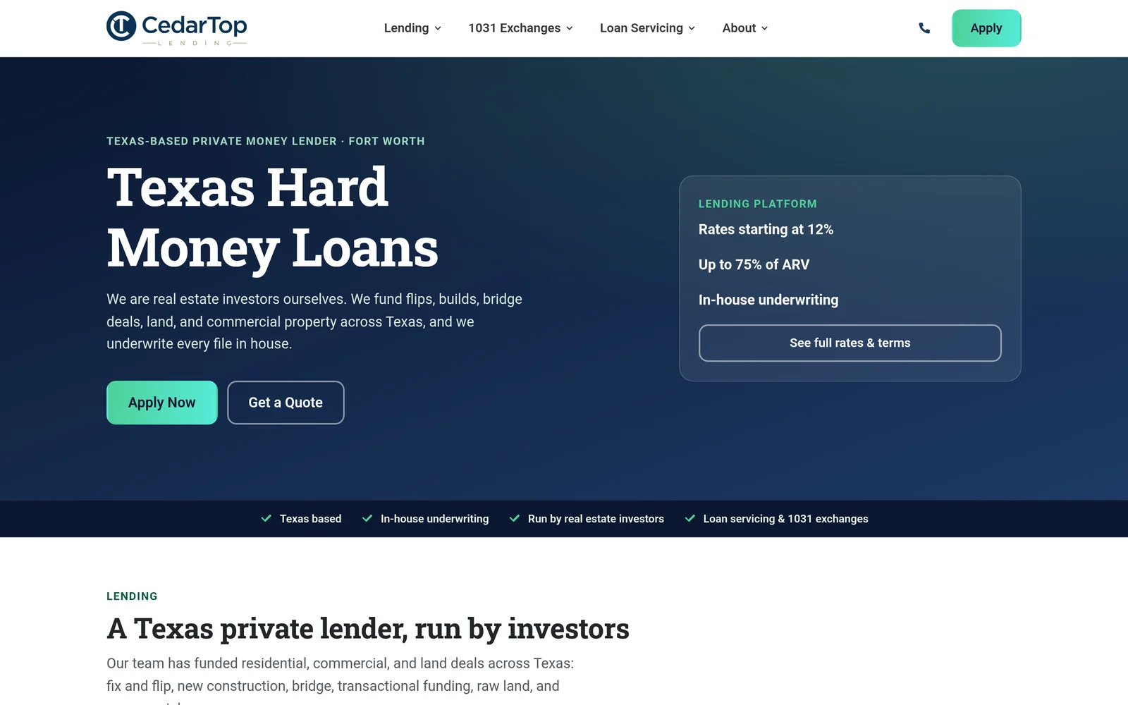 Cedar Top Lending homepage, a deep navy panel with the line Texas Hard Money Loans beside a lending card.