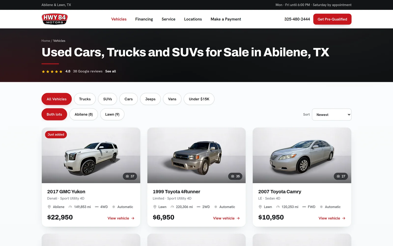 An inventory page with a grid of vehicles, each showing price, mileage, drivetrain, and transmission.
