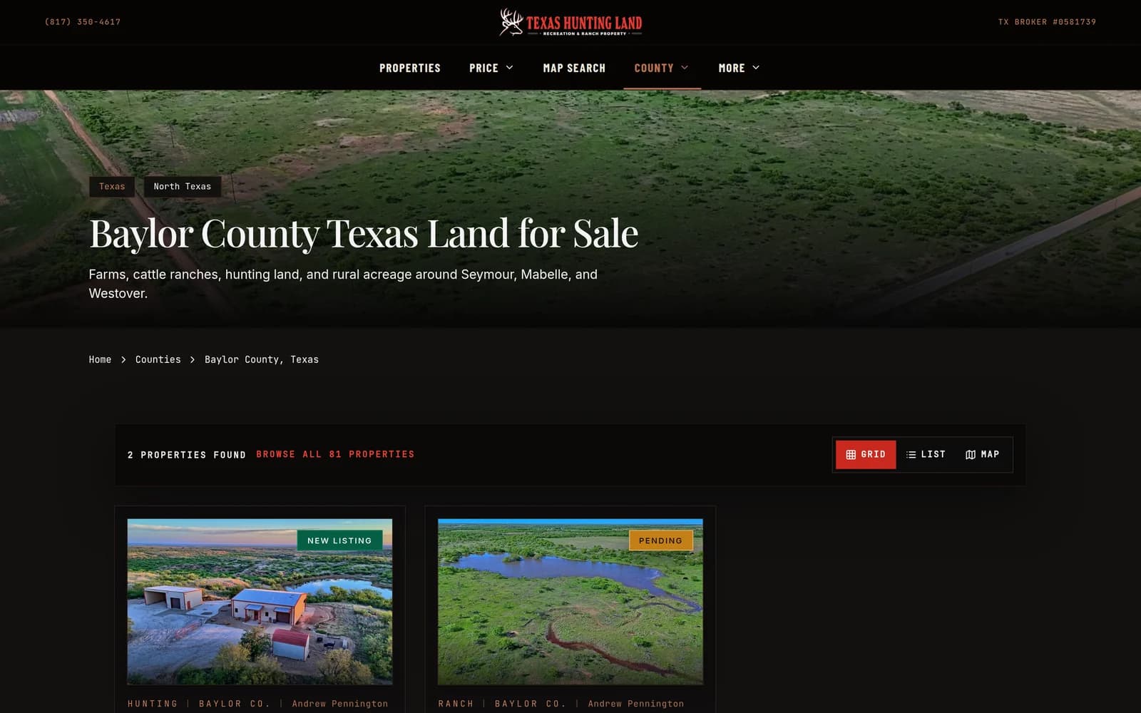 A county page headed Baylor County Texas Land for Sale, with a breadcrumb trail from Home through Counties, a count of the properties found in that county, and the listings below.