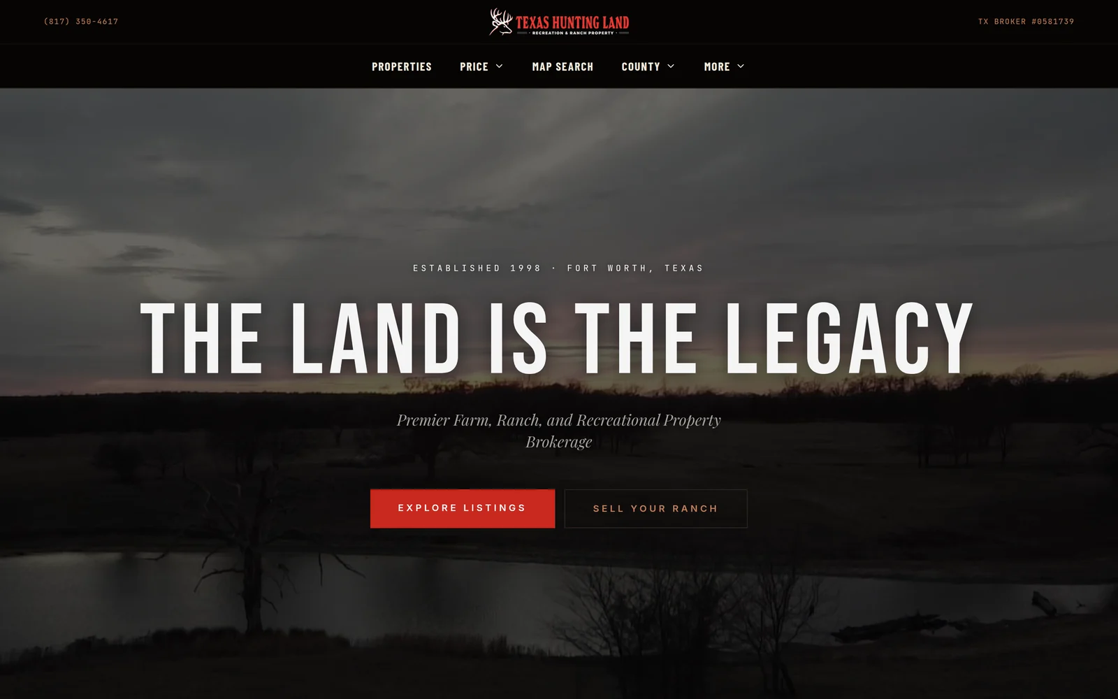 Texas Hunting Land homepage, with open ranch land at dusk behind the line The Land Is The Legacy.