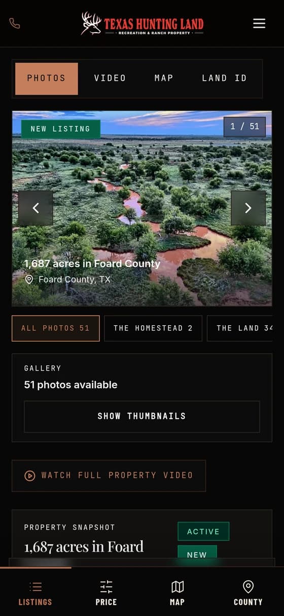A land listing on a phone, with the photograph above the price and specification.