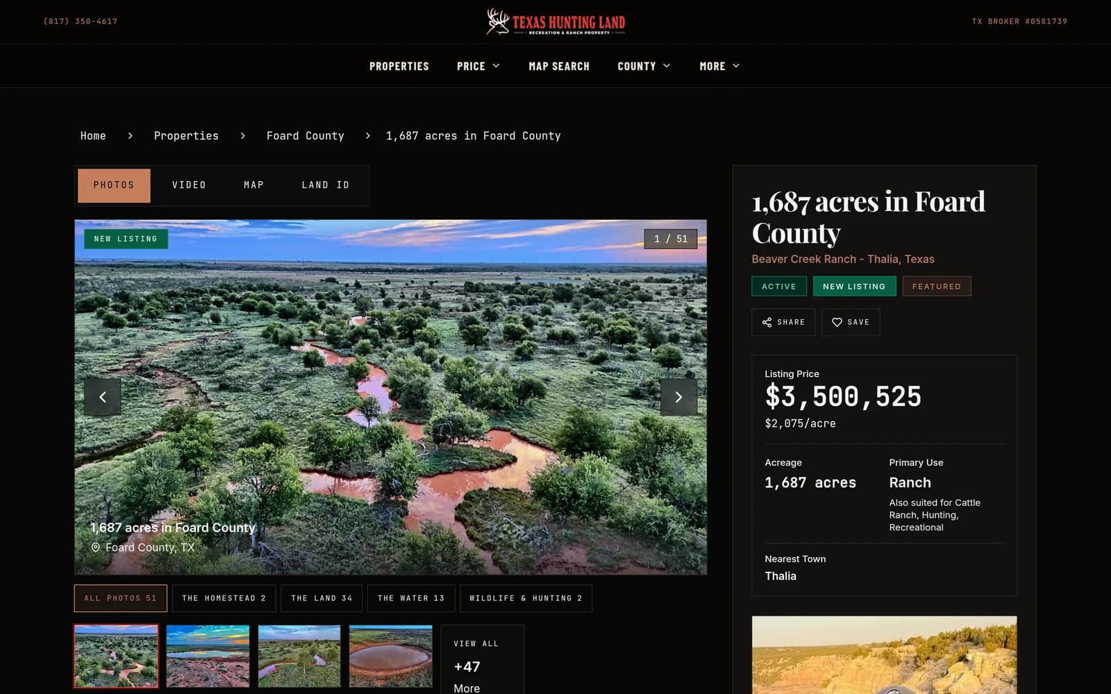 A single land listing, with a photograph of the property, its price, acreage, and use.