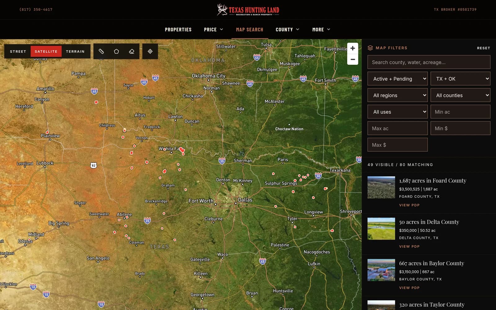 A map of Texas covered in listing pins, with a panel of listings beside it.