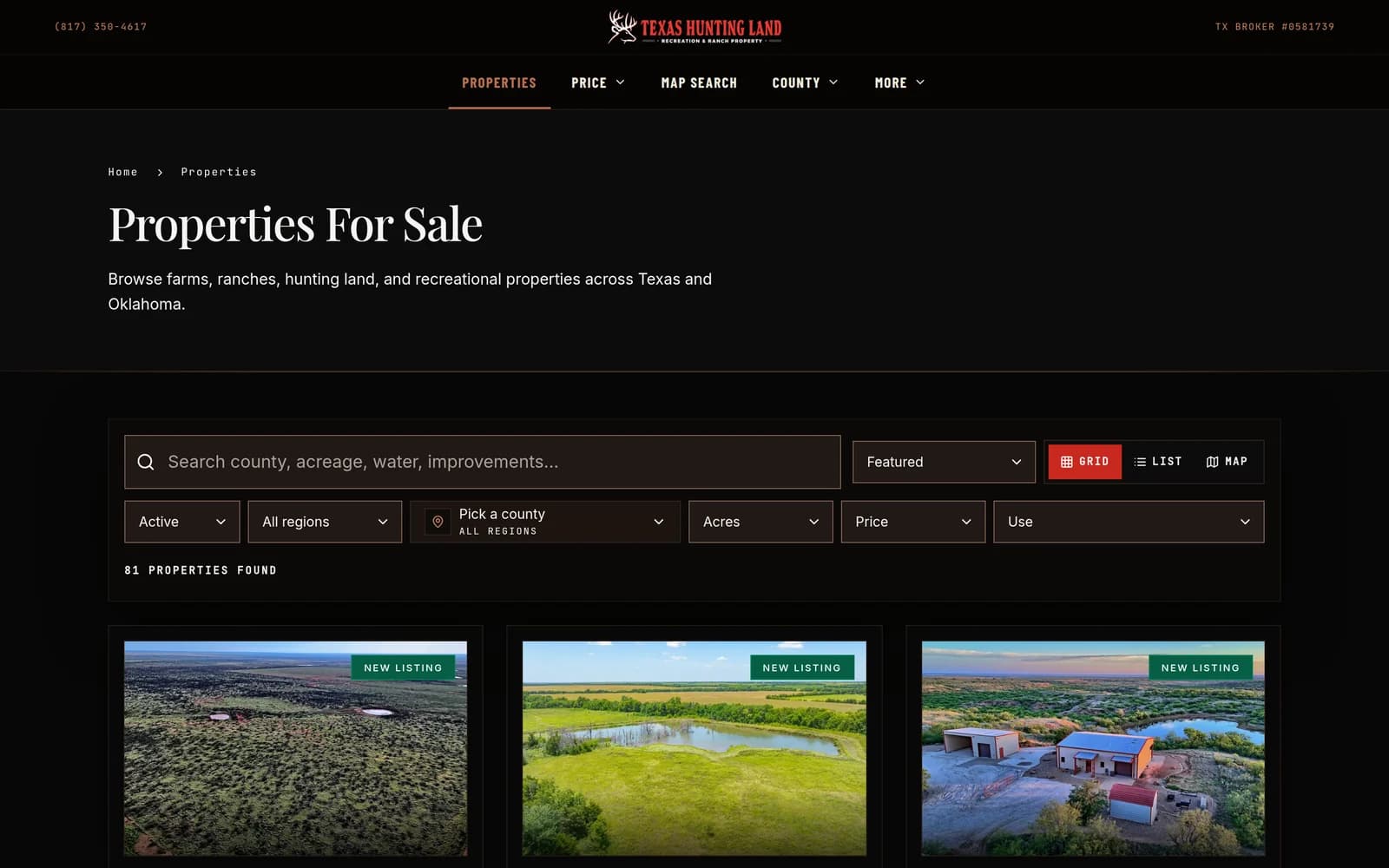 The properties index: a search field, filters for status, region, county, acreage, price and use, a grid, list and map toggle, and a grid of land listings.