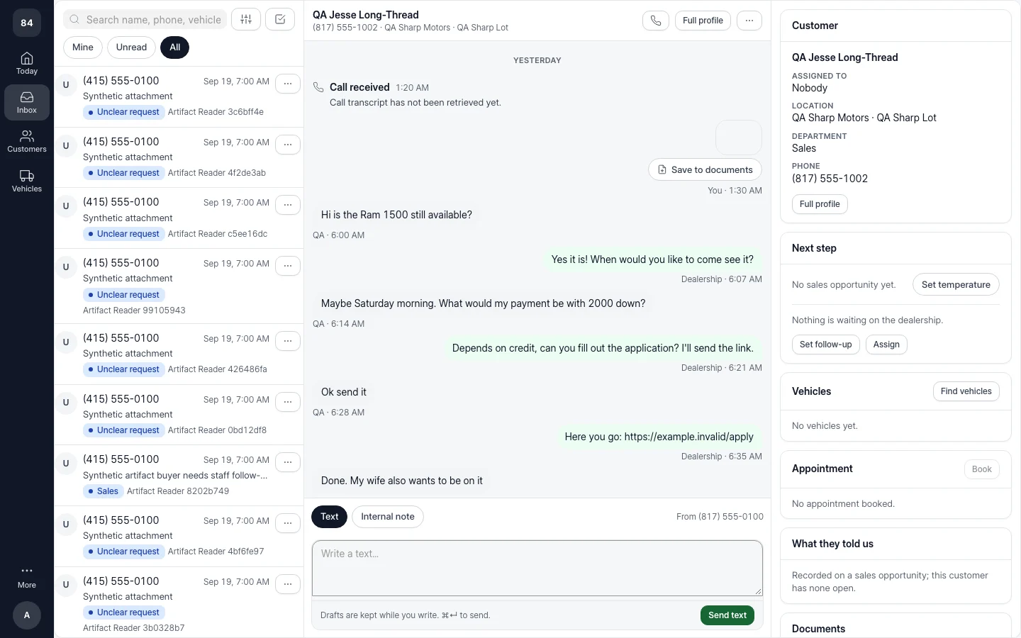 Actual CRM development interface with a fictional QA customer conversation, shared inbox, and follow-up controls.