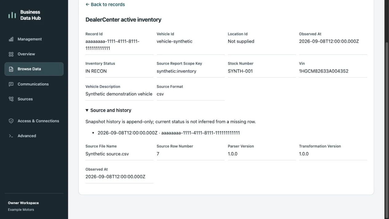 Expanded source history showing Synthetic source.csv, row 7, and its transformation version.