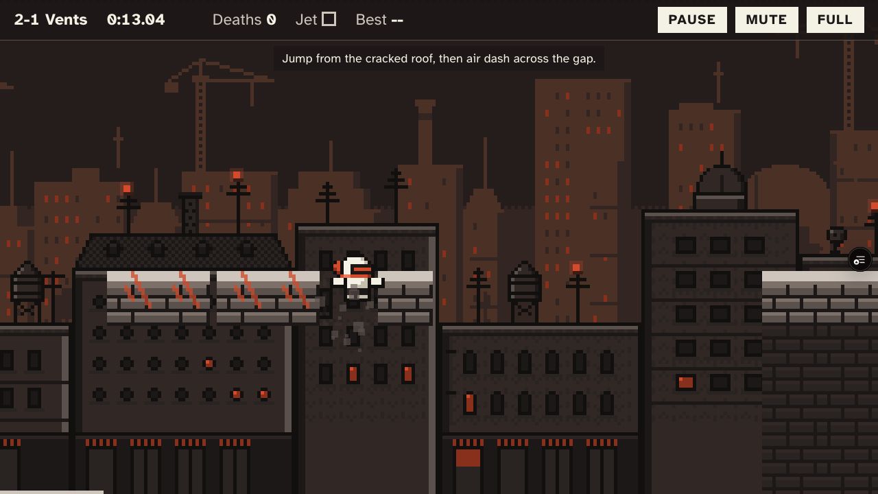 Redline's helmeted courier crossing a cracked rooftop above the night city