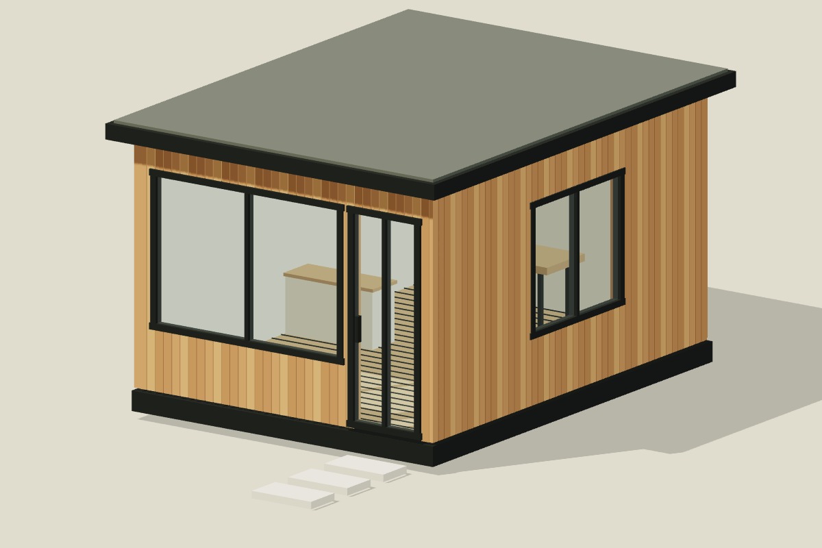 Reference view of the 12 by 16 foot Cedar studio with picture windows